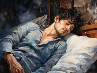 Fototapeta premium Man sleeping peacefully in a cozy bed.