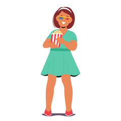 Cheerful Girl Character Enjoying A Movie While Wearing 3d Glasses And Holding A Bucket Of Popcorn, Vector Illustration