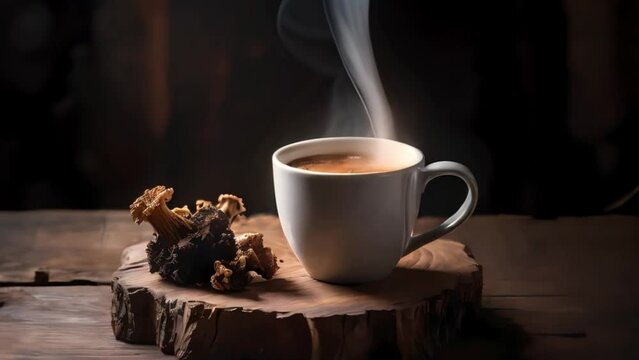 Coffee made from the powder of dried chaga and maitake mushrooms stands on a beautiful wooden table