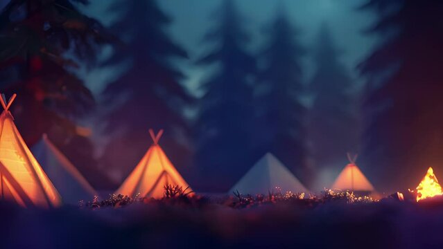 A cozy campsite with fuzzy tents and a flickering fire creating a blurred dreamlike effect.