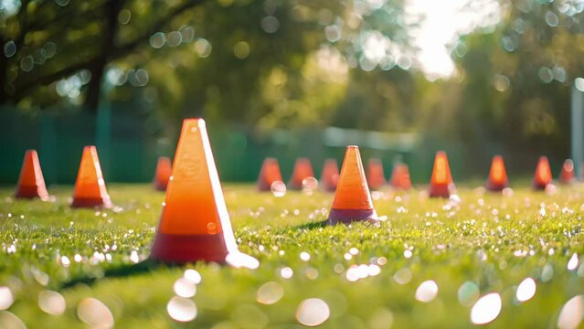 Blurry cones and equipment tered on the ground evidence of a hardworking sports practice.