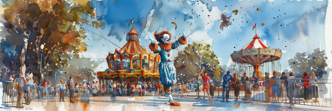 Watercolor painting of a clown performing magic tricks in an amusement park.