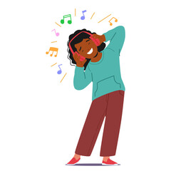 Joyful Child Wearing Headphones And Enjoying Music. Character Smiling And Dancing, Conveying A Sense Of Happiness