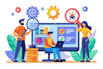 Software testing IT software application testing, quality assurance, QA team, bug fixing, automation and manual, website and mobile flat design illustration