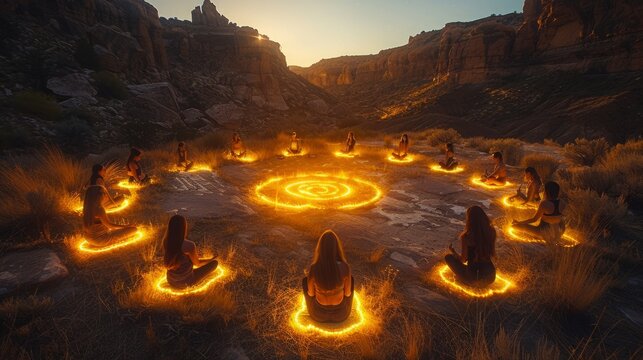 A group of people meditate in a circle surrounded by glowing rings of light in a desert canyon at sunset.