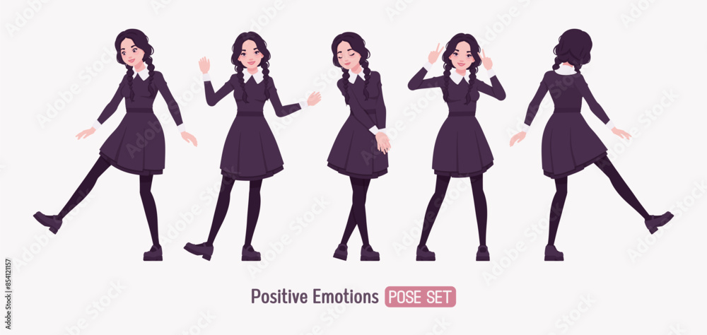 Wall mural All black outfit pale girl, goth style long sleeved dress happy pose, wearing Mary Jane shoes, two long pigtail braids, dark beauty charm costume, cool monochrome uniform look. Vector illustration