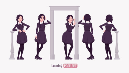 Fototapeta premium All black outfit pale girl, goth style long sleeved dress stand lean pose, wearing Mary Jane shoes, long pigtail braids, dark beauty charm costume, cool monochrome uniform look. Vector illustration