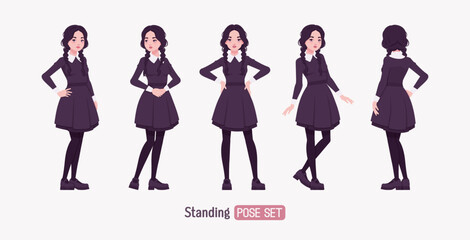 All black outfit pale girl, goth style long sleeved dress standing pose, wearing Mary Jane shoes, two long pigtail braids, dark beauty charm costume, cool monochrome uniform look. Vector illustration