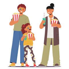 Happy Family Adults And Child Enjoying Movie At Cinema. Characters Wearing 3d Glasses Holding Popcorn And Drinks