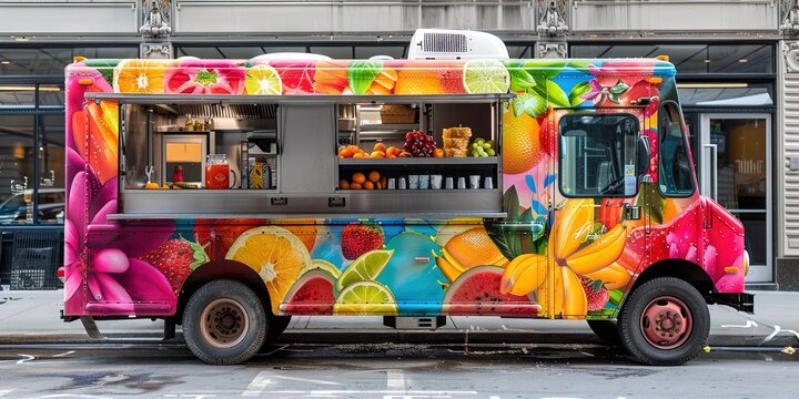 colorful food truck on the street with fruit beer 