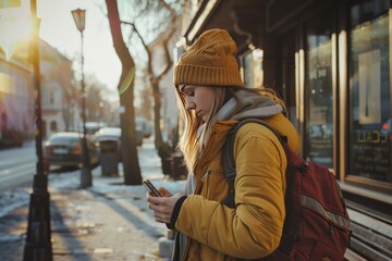 Image with a person wearing a yellow jacket with face obscured holding a smartphone in an urban scene