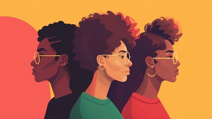 Three women in profile wearing glasses on a yellow-orange background. the concept of empathy and racial equality