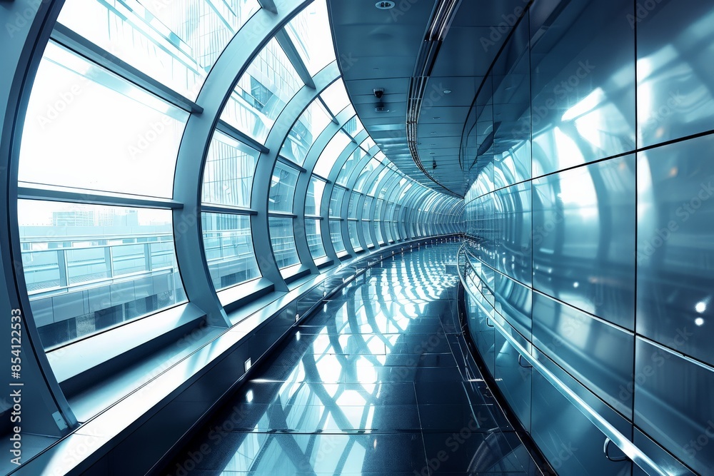 Poster Modern architecture featuring a long, curved glass tunnel with a reflective blue surface and sleek design