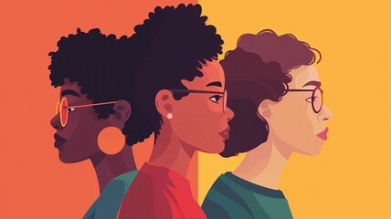 Three women in profile wearing glasses on a yellow-orange background. the concept of empathy and racial equality