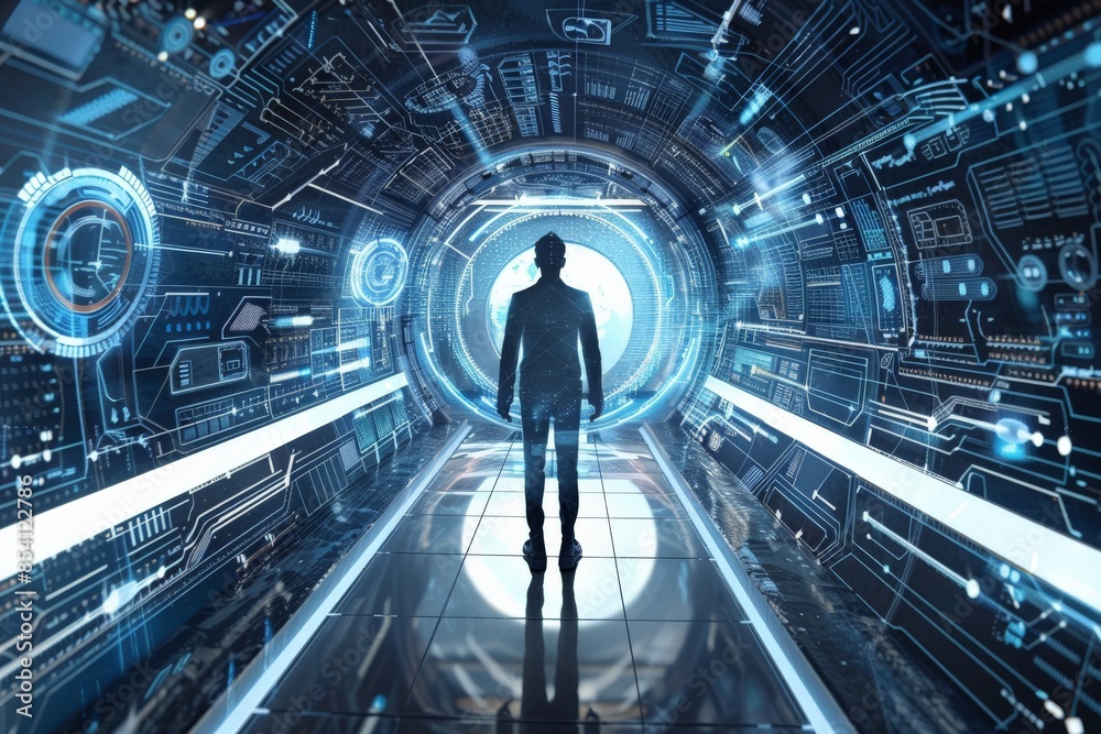 Aufkleber A person walks towards a bright light down a high-tech corridor with digital patterns and neon lights