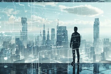 A digital human silhouette overlaid on a transparent blueprint of a futuristic city and skyscrapers