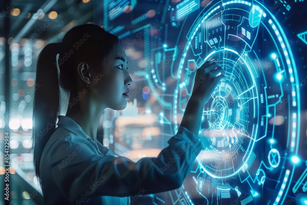 Poster Image shows a person engaging with a futuristic holographic interface with immersive digital graphics