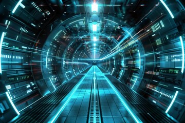 This image features a visually arresting science fiction tunnel with bright blue and white neon...