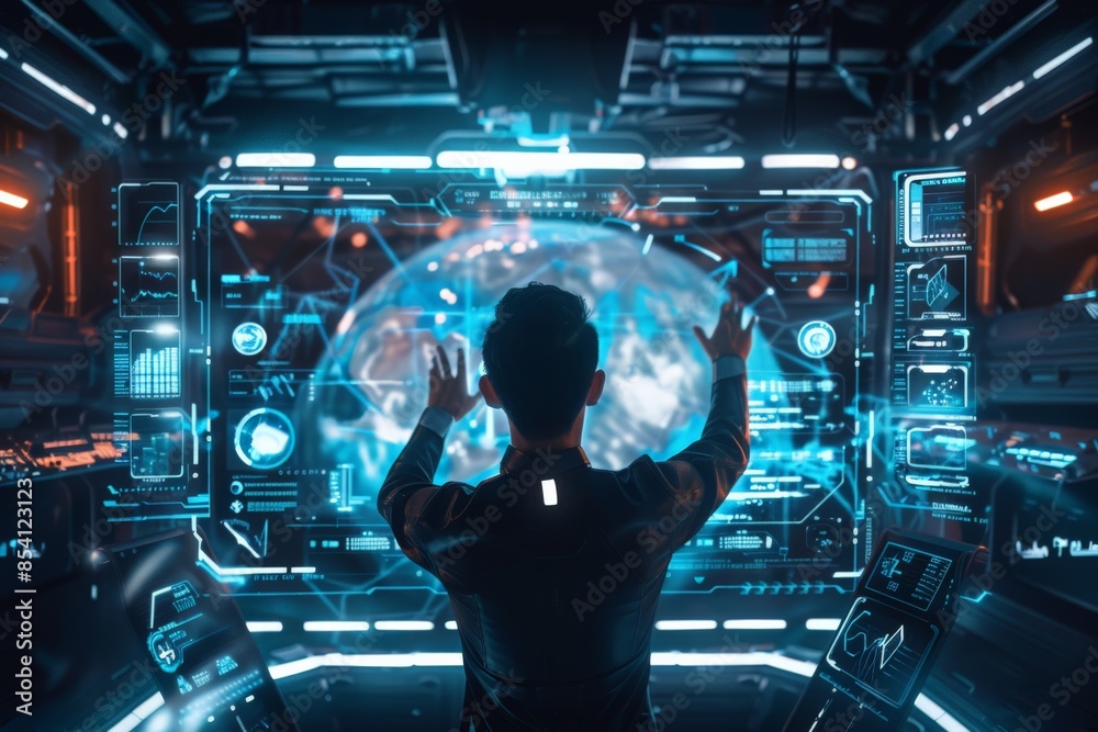 Leinwandbilder a person operates a sophisticated holographic display in a high-tech environment, suggesting advance