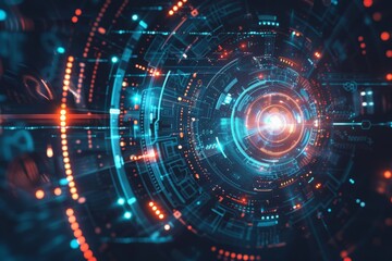 Dynamic image showing a complex cybernetic interface with vibrant lights and digital elements, conveying concepts of connectivity and data flow