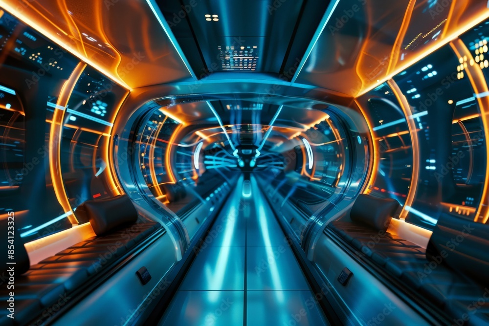 Aufkleber Imaginative design of a corridor inside a spacecraft with dynamic lighting and high-tech details