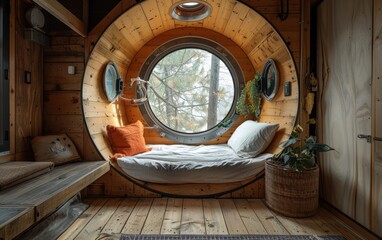 Cozy wooden cabin interior with circular window bed and scenic forest view. Ideal retreat for relaxation and solitude.