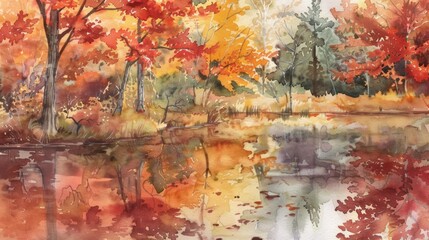 Watercolor Autumn Landscape: Vibrant Foliage and Tranquil Scene. generative AI image