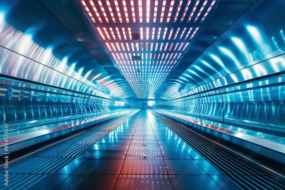 Aufkleber an evenly illuminated futuristic corridor with patterned ceiling lights and blue accents suggesting 