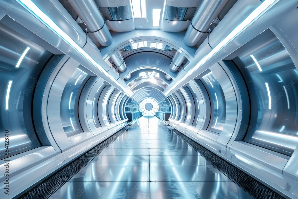 Poster interior view of a high-tech tunnel with a futuristic design and bright white lighting elements