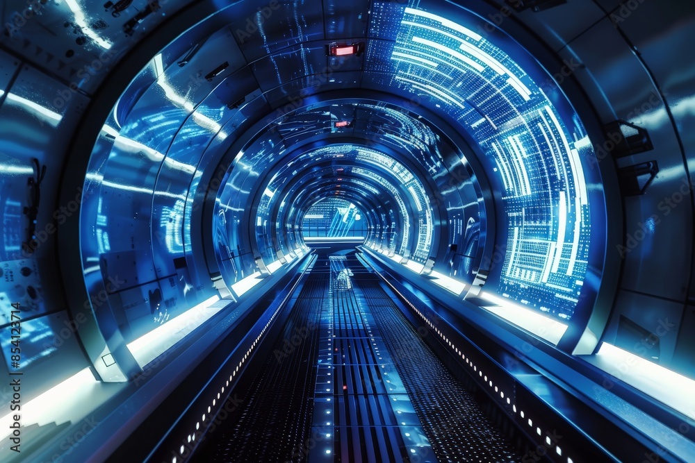 Aufkleber This image presents a futuristic tunnel concept with engaging blue light patterns and a high-tech ambiance
