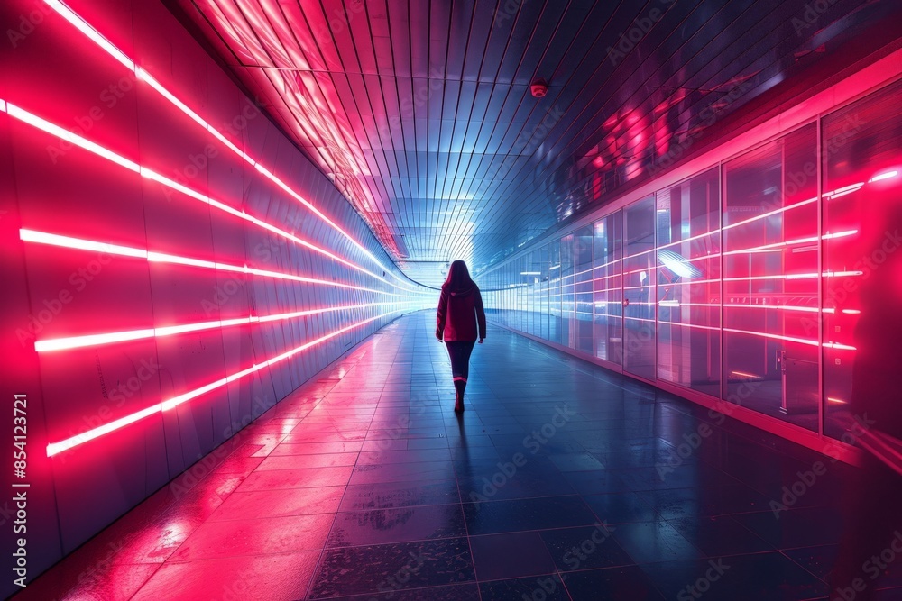 Aufkleber a vibrant photograph of a woman walking in a corridor with red neon lights, creating a dynamic and m