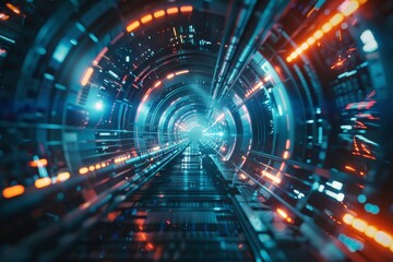 Obraz premium High-speed data stream concept in a futuristic tunnel with glowing lights and digital patterns