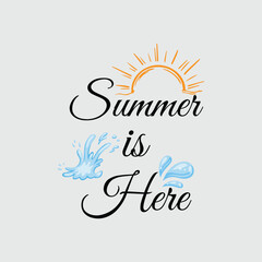 Vector hand-drawn summer lettering Summer is here on a color background. Summer hand drawn brush letterings. Summer typography. Design element for seasonal posters, t-shirts, cards