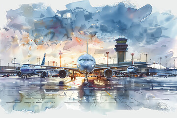 Watercolor painting of a passenger plane in an airport parking lot.