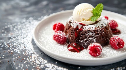 Rich Chocolate Lava Cake Dessert on White Porcelain Plate Generative AI