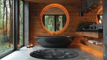 An ultra-realistic photo of a black modern bathroom with wooden accents, a large mirror and an oval bathtub. The high resolution ensures an exquisite and minimalistic design.