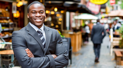 Fototapeta premium Handsome african american businessman standing with arms crossed in coffee shop