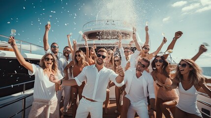 Group of friends celebrating on luxury yacht at summer