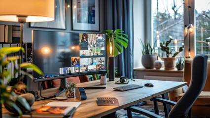 A cozy home office setup with a large monitor displaying a video conference, surrounded by plants and modern decor, creating an inviting and productive workspace.
