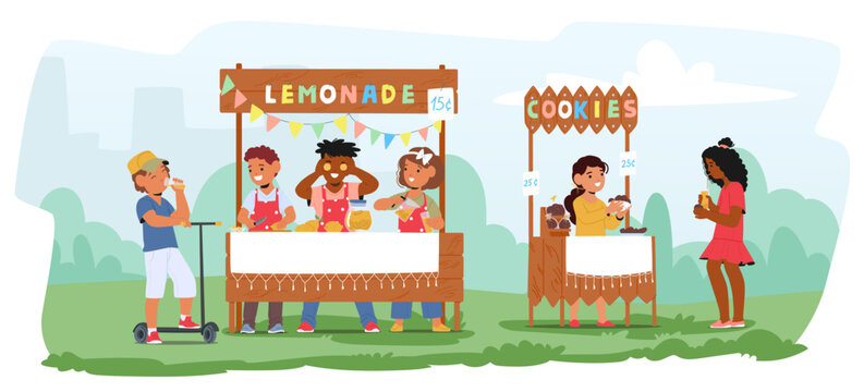 Children Selling Lemonade And Cookie Stands In A Park On A Sunny Day. Characters Interacting With Customers