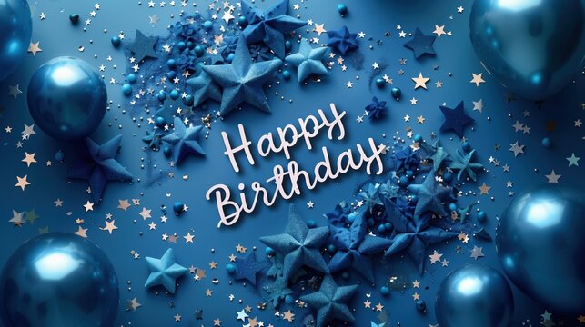 Blue happy birthday balloons with star decorations. Festive birthday celebration with blue theme.