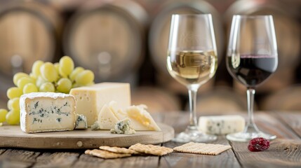 Wine and Cheese Pairing Setup on Rustic Wooden Table Generative AI