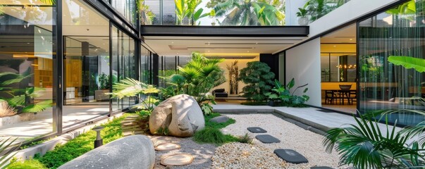 Modern home garden with pebbles, large rocks and lush greenery in front of the house, interior view of a modern glass building Green plants around a concrete floor, a modern courtyard Generative AI