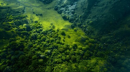 A breathtaking aerial view of lush green landscapes, captured under clear blue skies