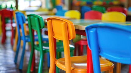 Children s chairs on nursery school desks in a horizontal photo