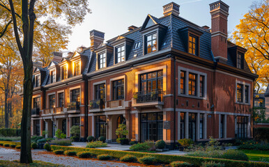 Obraz premium A large brick building with a lot of windows and a black roof