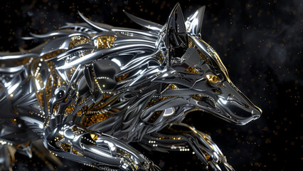 A striking metallic wolf sculpture with a geometric design, showcasing modern art's sleek and reflective qualities in a captivating abstract form.
