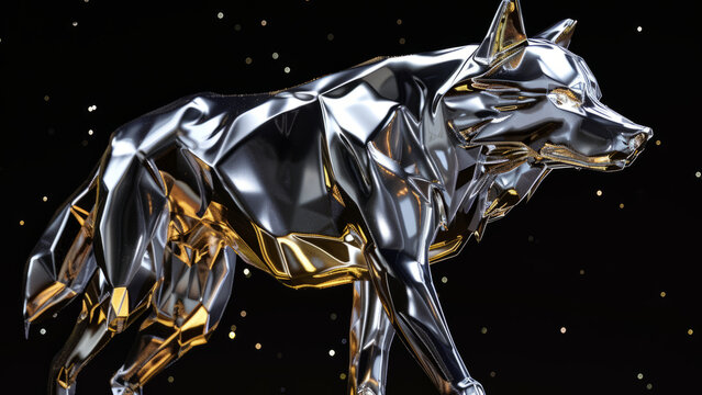 A striking metallic wolf sculpture with a geometric design, showcasing modern art's sleek and reflective qualities in a captivating abstract form.
 - Powered by Adobe