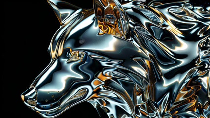 A striking metallic wolf sculpture with a geometric design, showcasing modern art's sleek and reflective qualities in a captivating abstract form.
