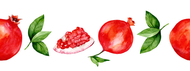 Watercolor border with Pomegranates and leaves. Seamless horizontal illustration with ripe fruits. Handmade drawing for menu and design